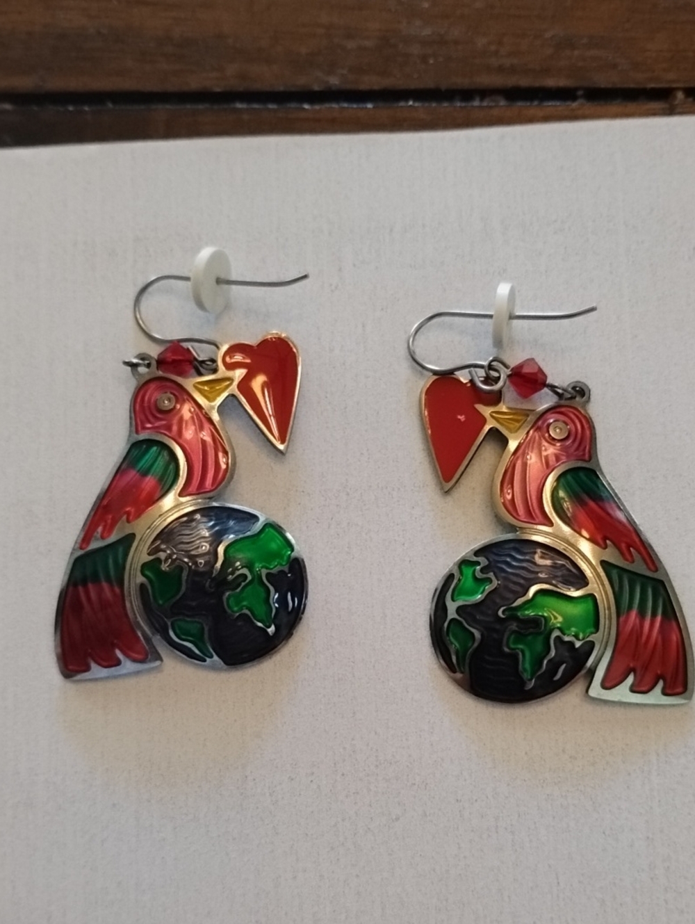 Edgar Berebi Parrot & Globe Enamel Drop Earrings with Red Heart Accent NWOT